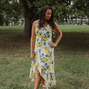 Lulus Yellow Lemon Print High-Low Midi Dress